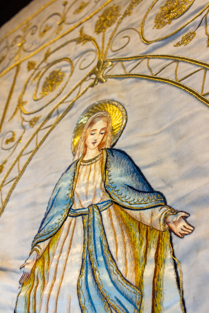 Antique French Embroidered Velvet Tapestry of the Madonna on Iron Hanger