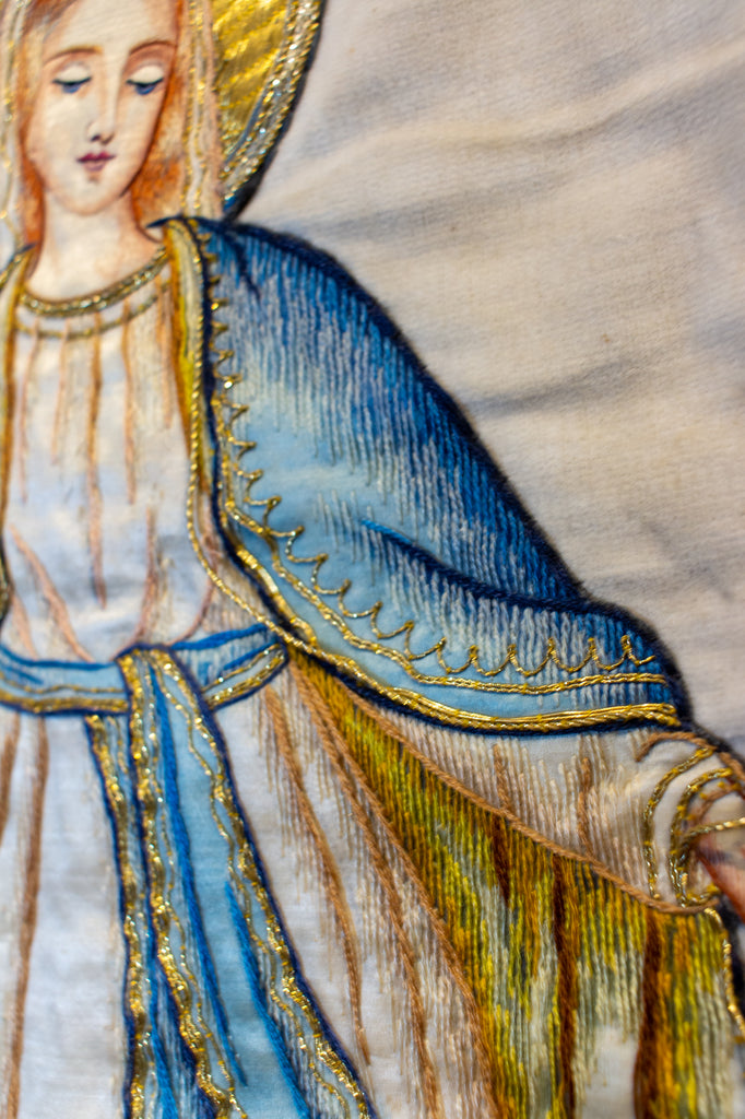 Antique French Embroidered Velvet Tapestry of the Madonna on Iron Hanger