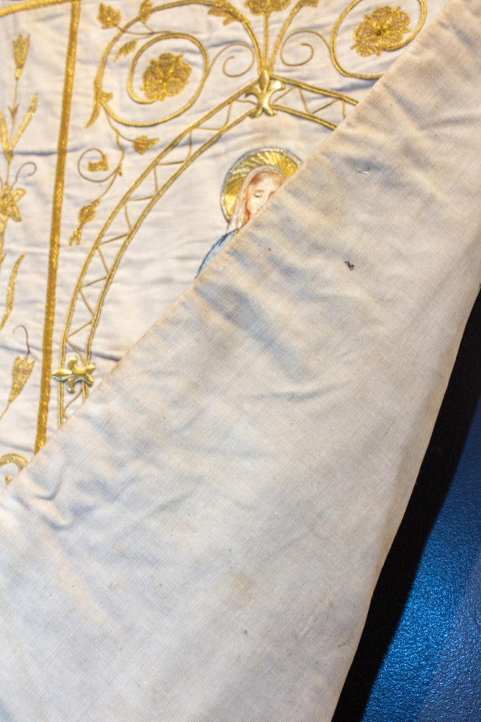 Antique French Embroidered Velvet Tapestry of the Madonna on Iron Hanger