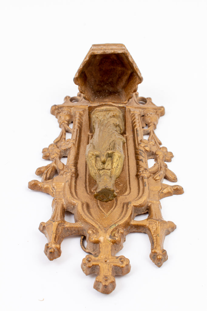Vintage French Metal Holy Water Font with Madonna Image