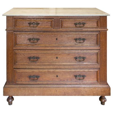 Petite Antique French Carved Wood Chest of Drawers with White Marble Top