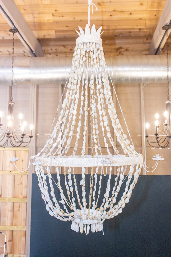 Vintage Spanish Painted Metal & Seashell Chandelier with 8 Candelabra Arms