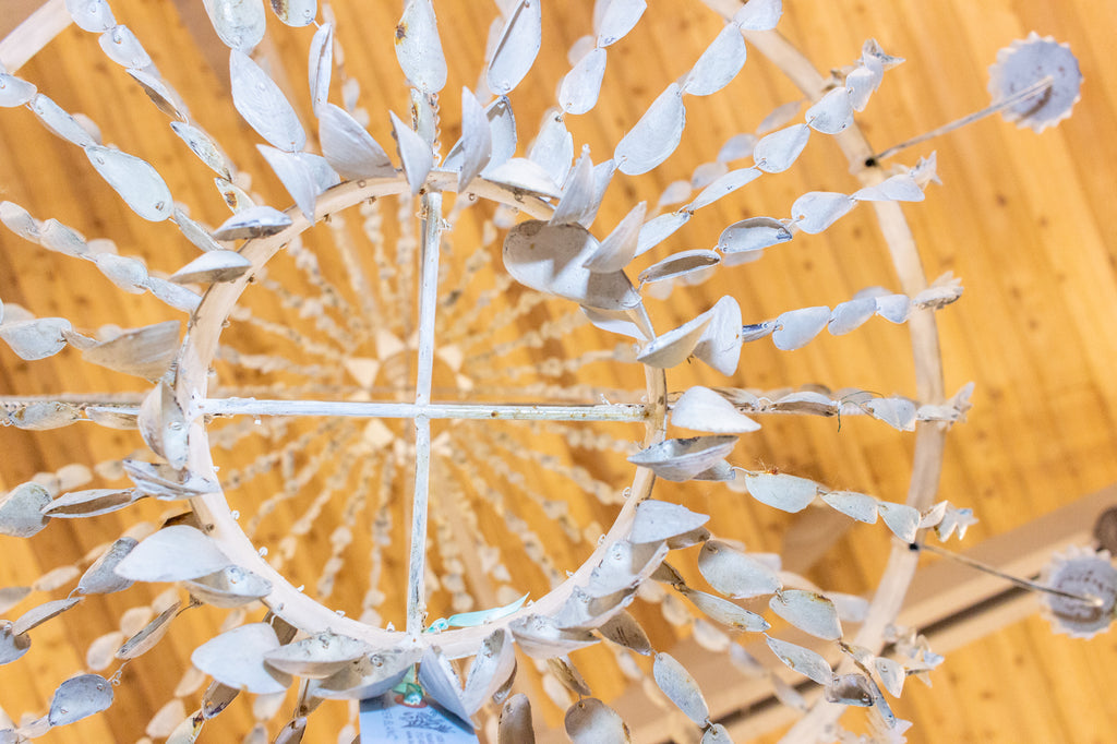 Vintage Spanish Painted Metal & Seashell Chandelier with 8 Candelabra Arms