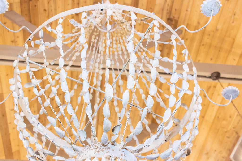 Vintage Spanish Painted Metal & Seashell Chandelier with 8 Candelabra Arms