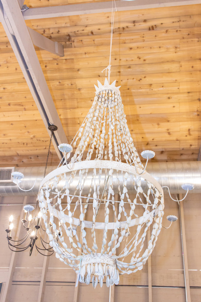 Vintage Spanish Painted Metal & Seashell Chandelier with 8 Candelabra Arms