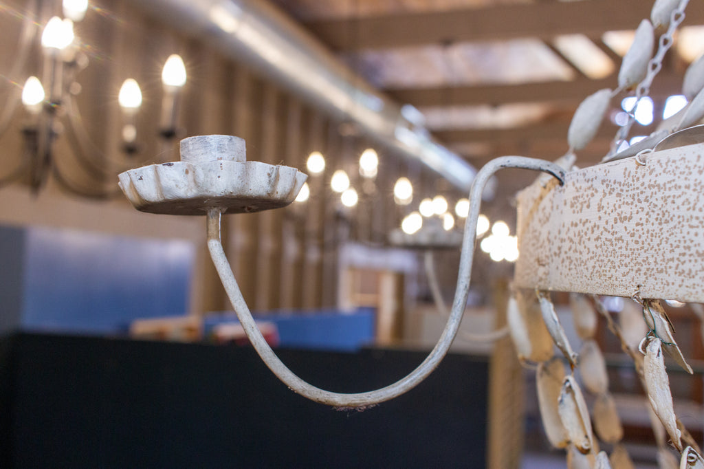 Vintage Spanish Painted Metal & Seashell Chandelier with 8 Candelabra Arms