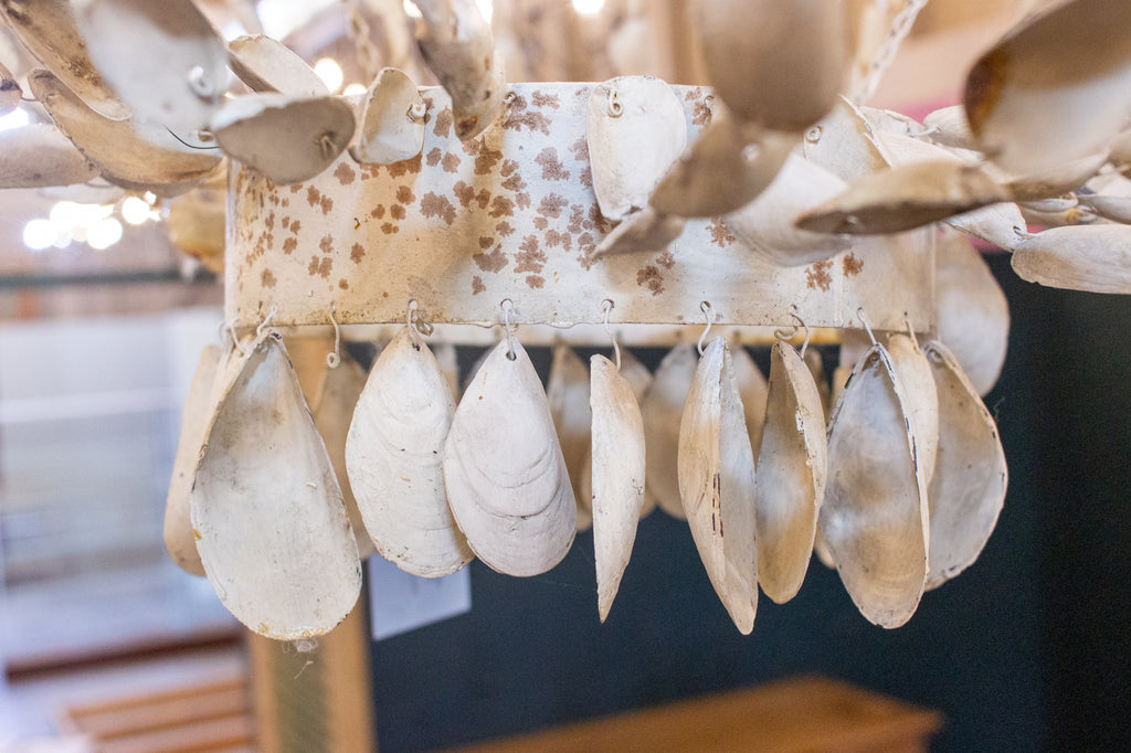 Vintage Spanish Painted Metal & Seashell Chandelier with 8 Candelabra Arms