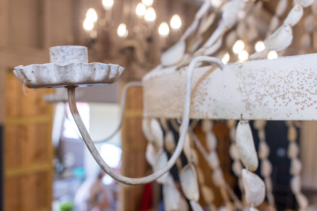 Vintage Spanish Painted Metal & Seashell Chandelier with 8 Candelabra Arms