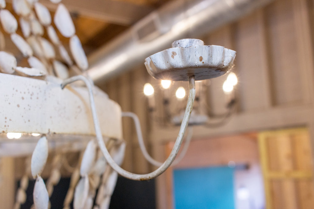 Vintage Spanish Painted Metal & Seashell Chandelier with 8 Candelabra Arms