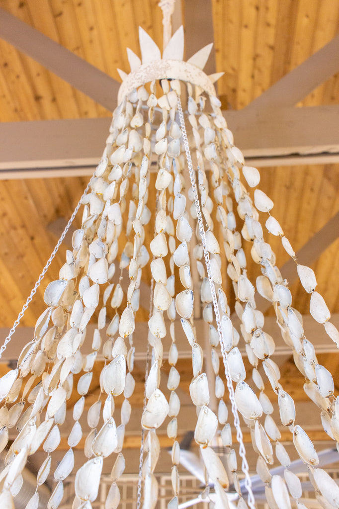 Vintage Spanish Painted Metal & Seashell Chandelier with 8 Candelabra Arms