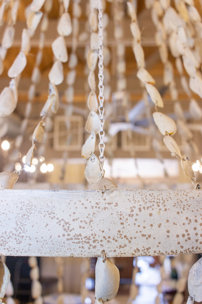 Vintage Spanish Painted Metal & Seashell Chandelier with 8 Candelabra Arms