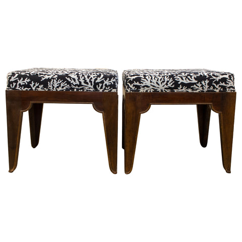 Pair of Mid-Century Wood Stools with Graphic Upholstery