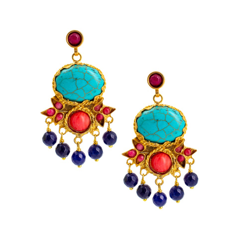 Handmade Turquoise & Coral Chandelier Earrings from Istanbul