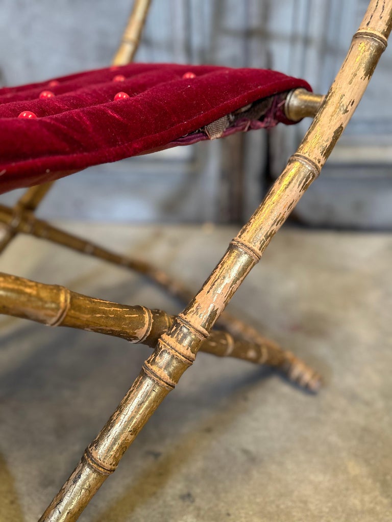 Antique French Faux Bamboo Gilt Folding Stool in Velvet