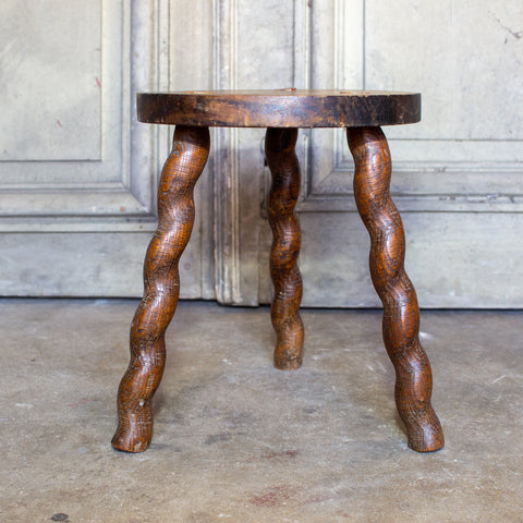 Vintage French Carved Oak Milking Stool