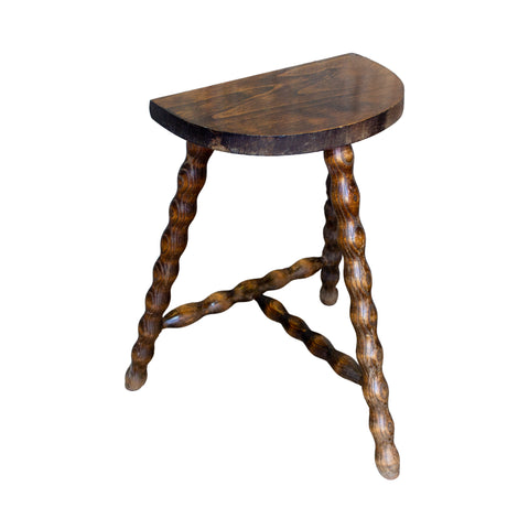 Vintage French Carved Wood Stool with Demilune Top