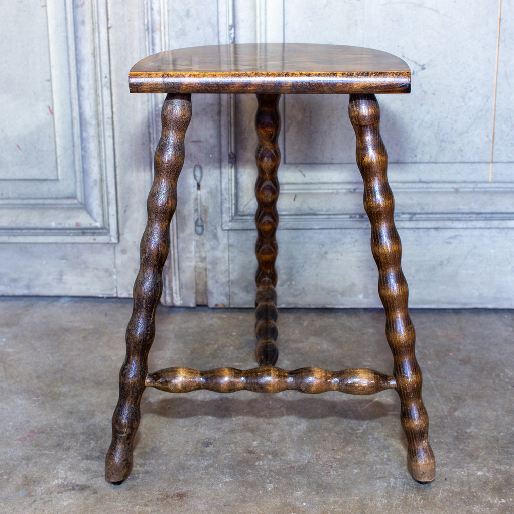 Vintage French Carved Wood Stool with Demilune Top