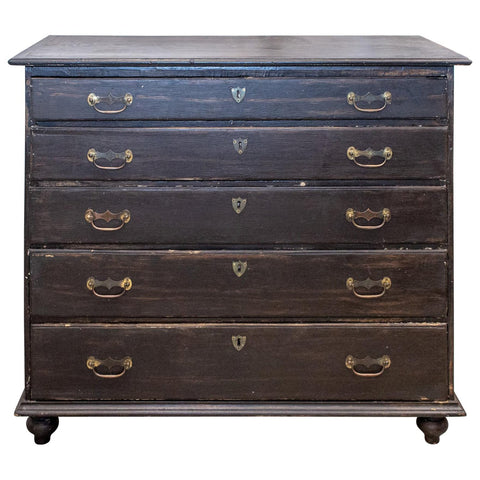 Antique French Five-Drawer Commode in Distressed Black Finish, circa 1900