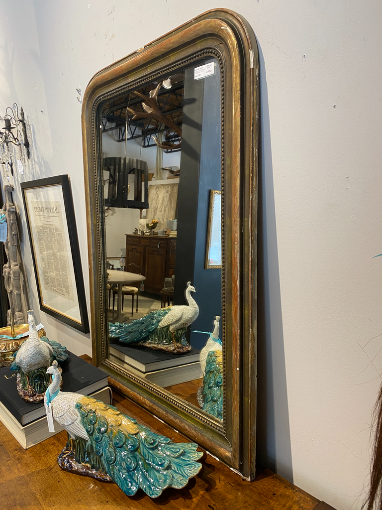 Antique French Louis Philippe Mirror with Green and Gilt Floral Frame