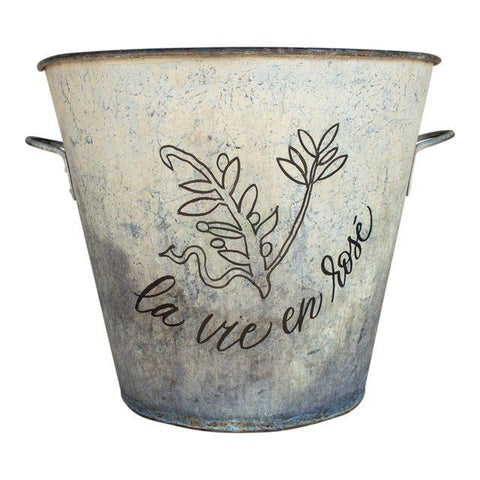 1900s Industrial Zinc Bucket With Calligraphy "La Vie en Rosé"