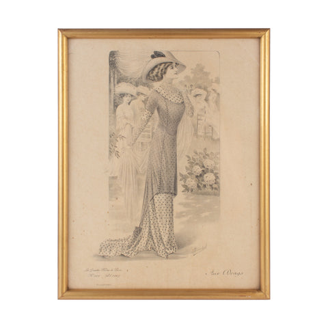 Antique French Fashion Print in Frame