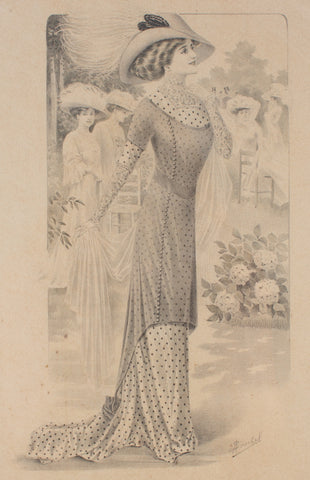 Antique French Fashion Print in Frame