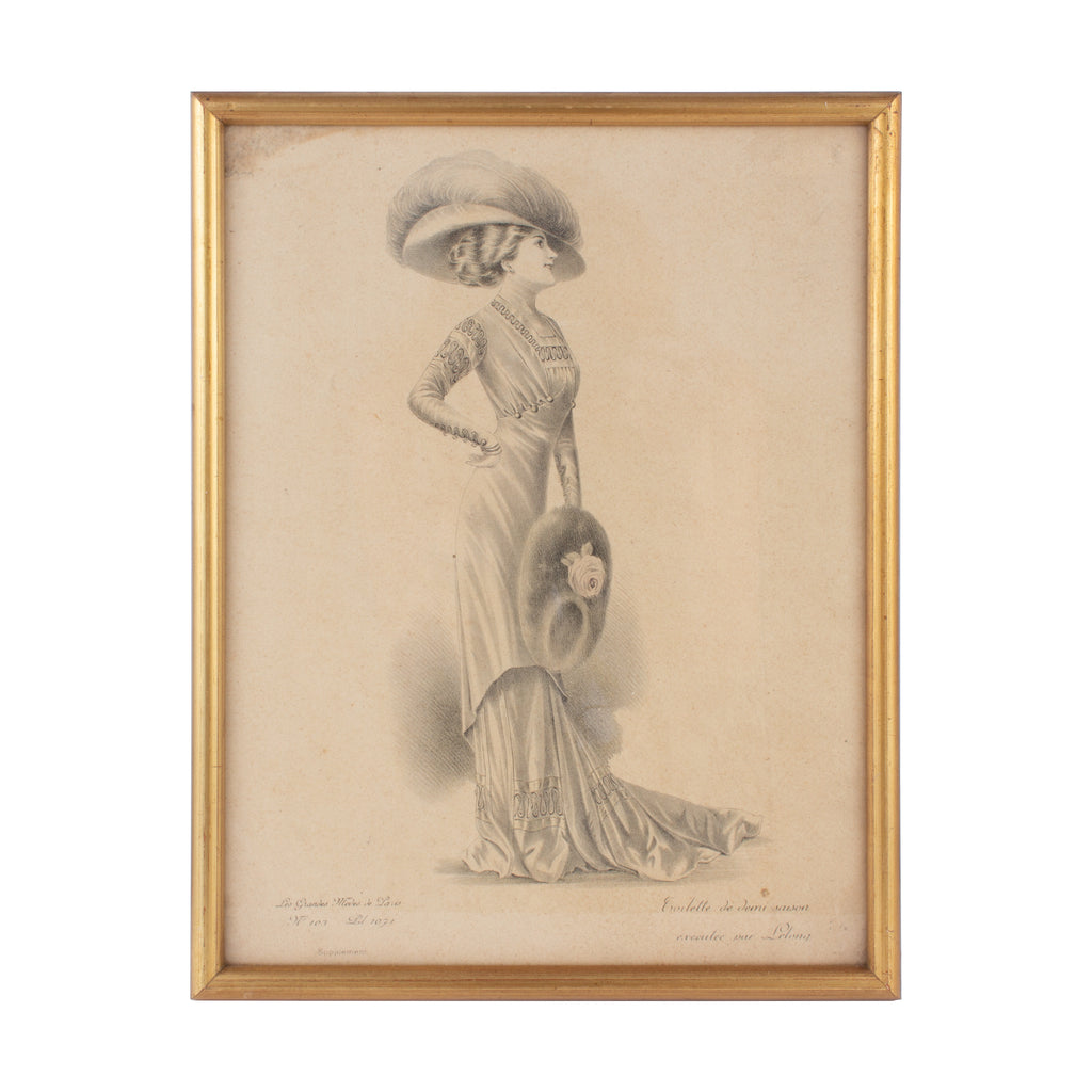 Antique French Fashion Print in Frame