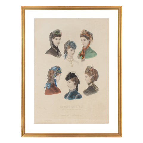 Antique French Hairstyle Fashion Print in Floating Frame
