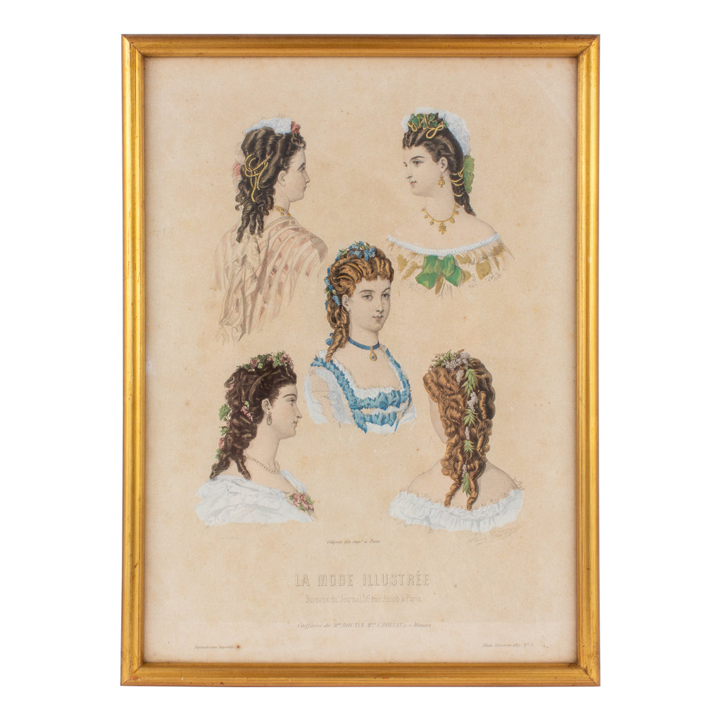 Antique French Hairstyle Fashion Print in Frame