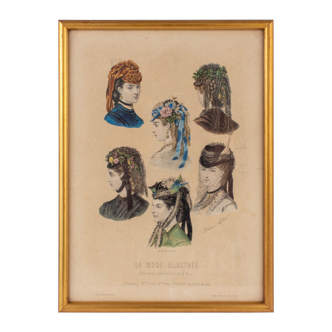 Antique French Hairstyle Fashion Print in Frame