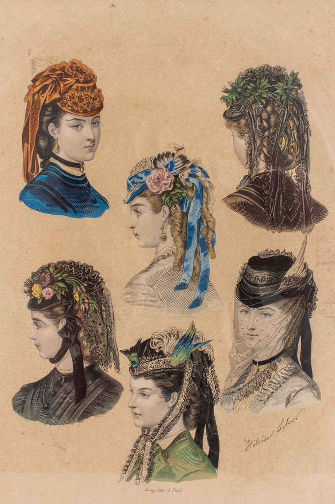 Antique French Hairstyle Fashion Print in Frame