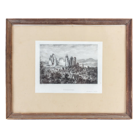 Small Framed Antique French Etching of Pierrefonds Chateau in France