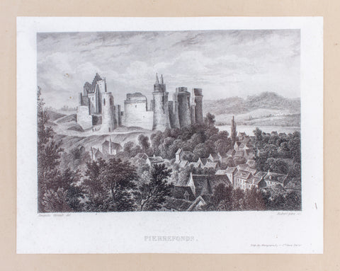 Small Framed Antique French Etching of Pierrefonds Chateau in France