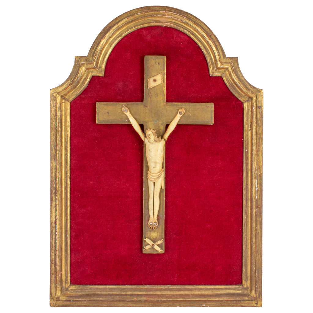 Vintage French Crucifix on Red Velvet & Gilt Plaque