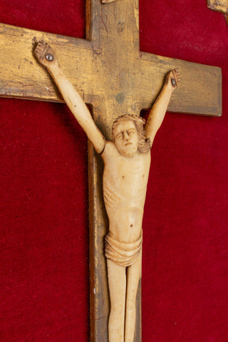 Vintage French Crucifix on Red Velvet & Gilt Plaque