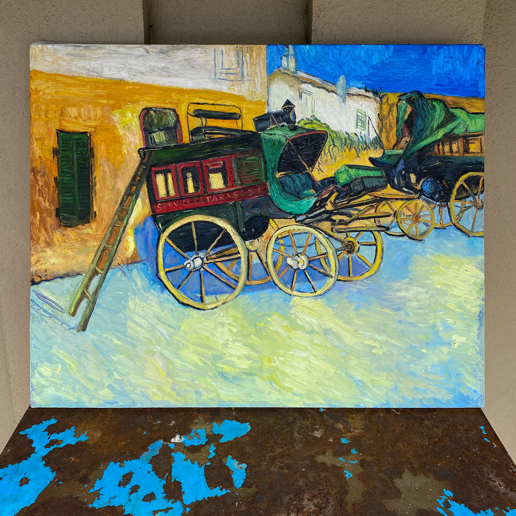 Vintage French Impressionist Painting - Study of Van Gough's Wagons