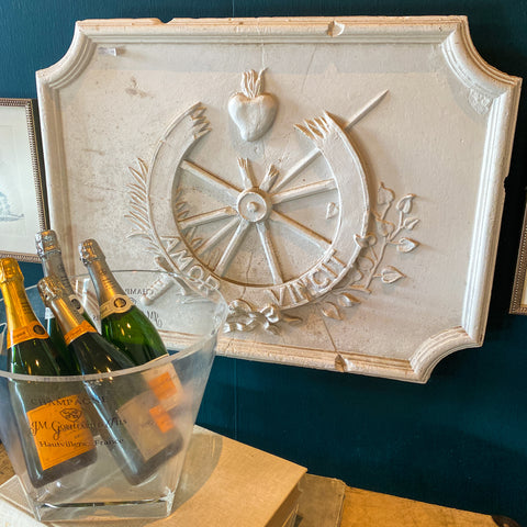 Antique Plaster Panel with Nautical Imagery "Amor Vincit" Found in France