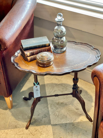 Vintage French Carved Wood Cocktail Table with Embossed Florentine Leather Top