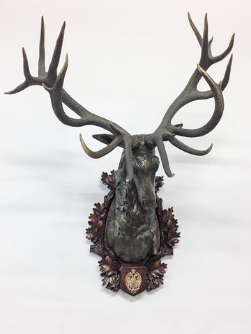 Antique Habsburg Red Stag Trophy on Bronze Shoulder Mount from Eckartsau Castle
