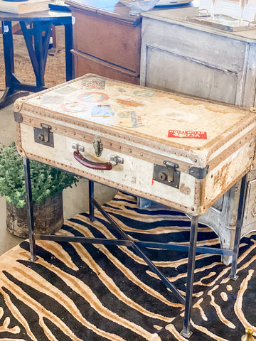 Side Table Crafted with Antique French Luggage & Custom Iron Base