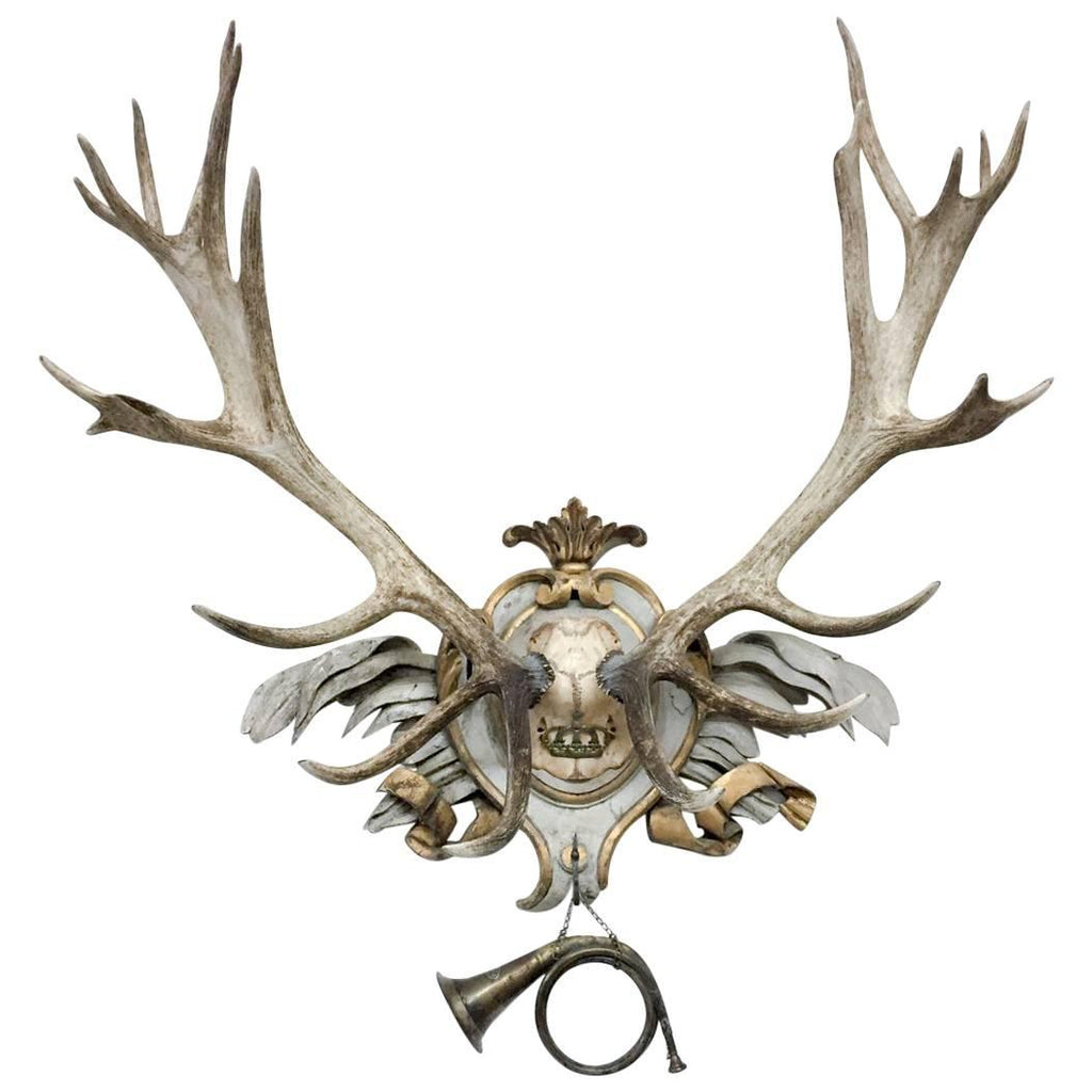 Antique Habsburg Red Stag on 18th Century Acanthus Leaf & Gilt Ribbon Plaque