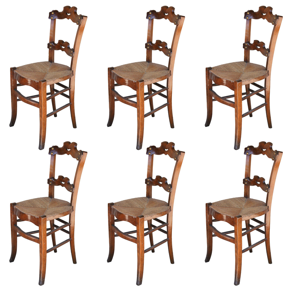 Set of Six 19th c French Oak Ornate Dining Chairs with Rush Seats
