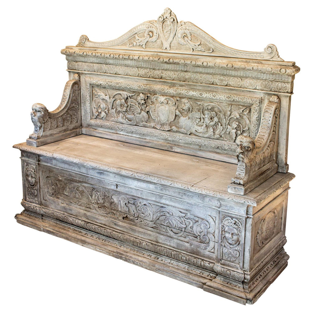 19th Century Spanish Neoclassical Ornate Wood Bench with Linen Storage in Greige