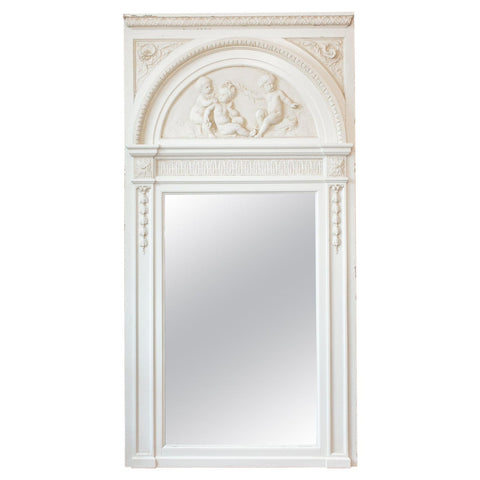 Antique French Painted Trumeau Mirror with Plaster Panel Detail in Antique White