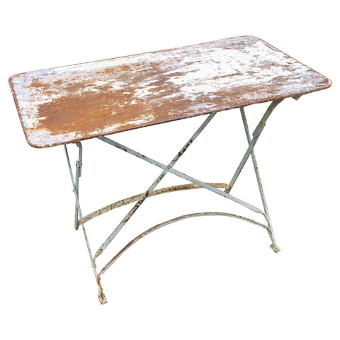 Antique French Folding Metal Garden Table in Distressed White Finish