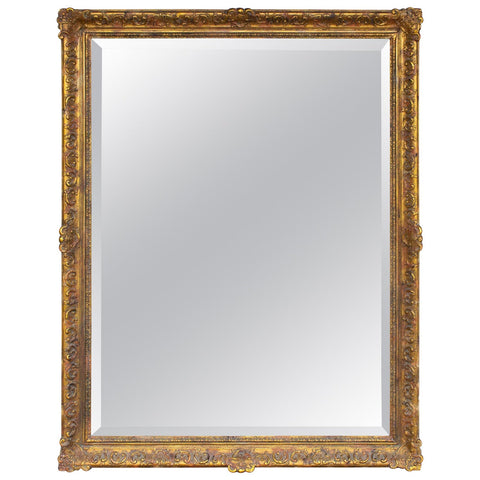 Antique French Rectangular Floral & Gilt Frame Mirror with Beveled Glass Detail