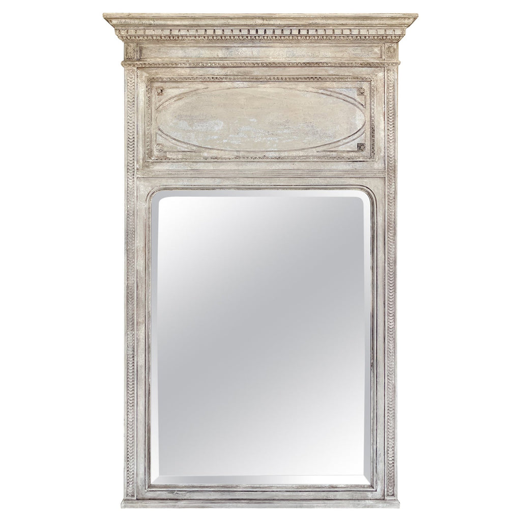 French Louis XVI Painted Trumeau Beveled Glass Mirror in Greige Finish, ca. 1900
