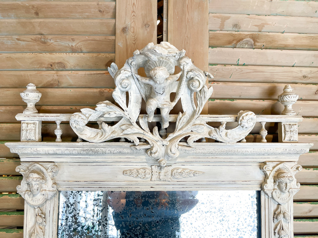 Antique French Carved Mirror with Distressed Beveled Glass in White Finish