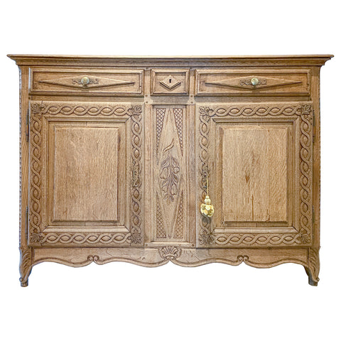 Rustic 18th c French Oak Buffet with Carved Details & Iron Hardware