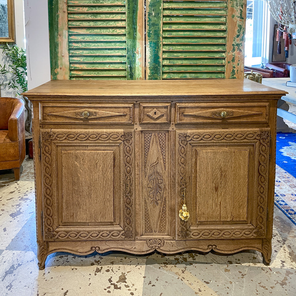 Rustic 18th c French Oak Buffet with Carved Details & Iron Hardware